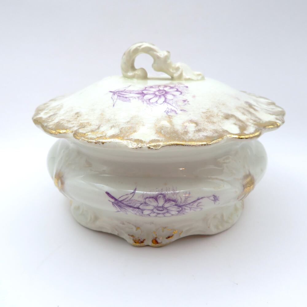 Antique ALPHA Porcelain Covered Dish Purple Floral Transferware Gold Trim